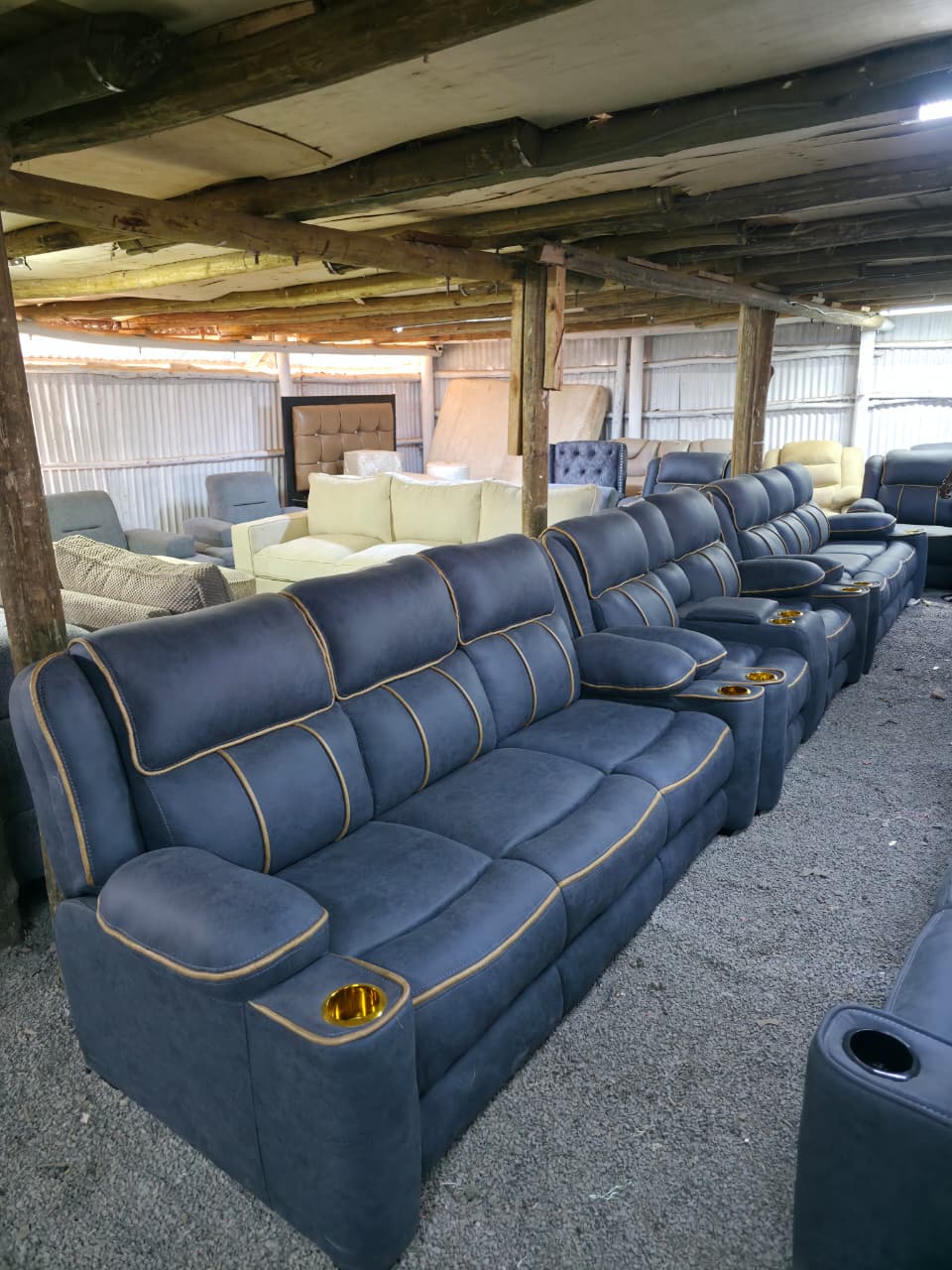 blue 7 seter semi recliner sofa