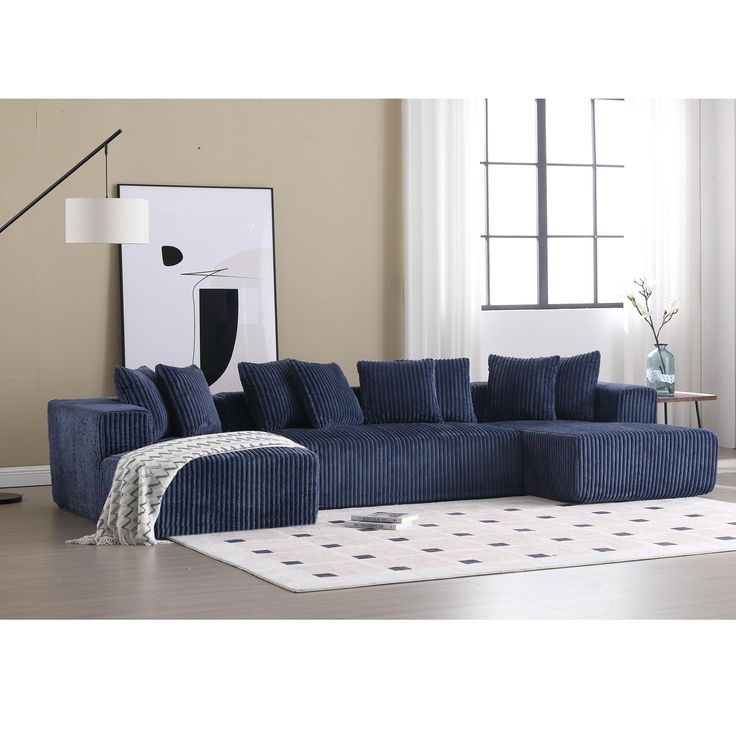 Luxury Navy Blue Corduroy L-Shaped Sectional Sofa