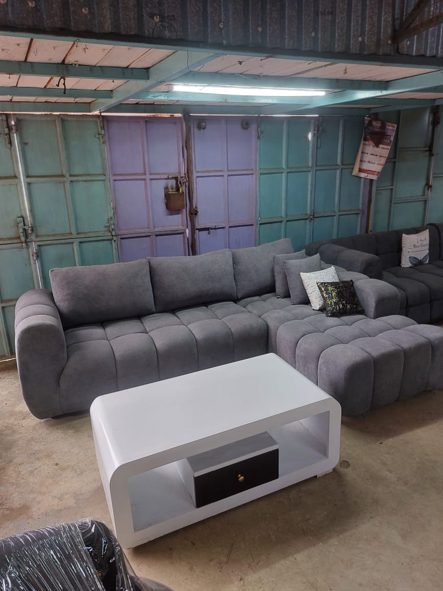 Modern Dark Grey Tufted L-Shaped Sectional Sofa